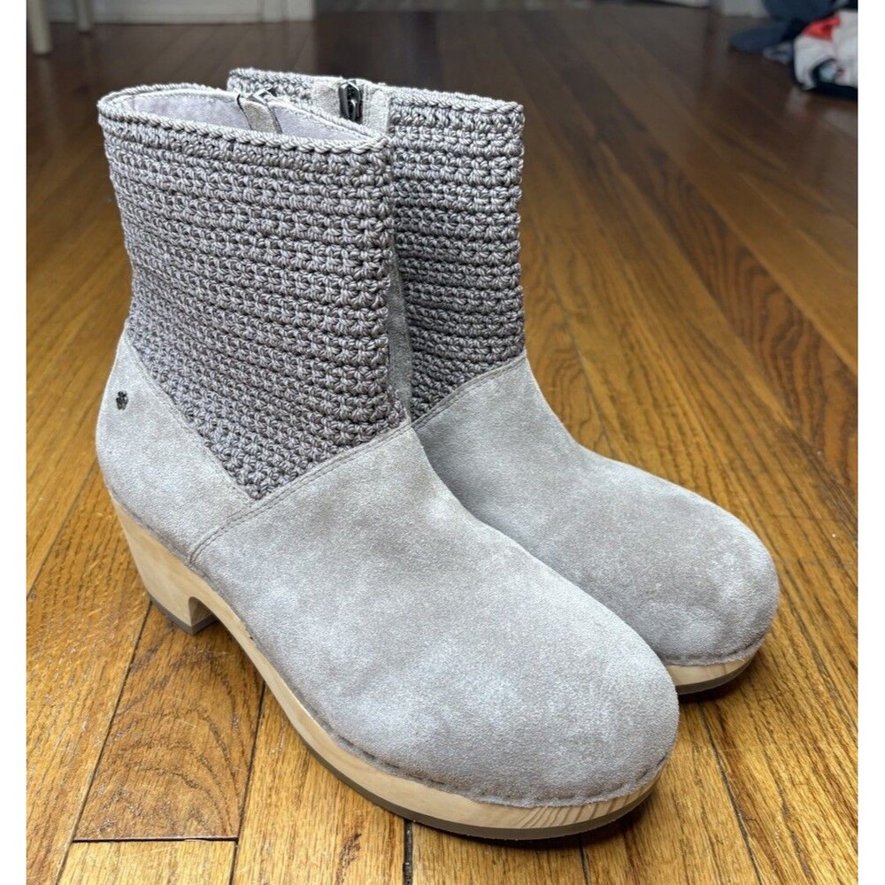 The Sak Paloma Clog Boots Mushroom Suede Crochet Knit Wooden Heel Women's 9